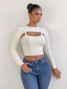 Sirith Women's Solid Color Hollow Out Cropped Knit Top - Beige - View 4