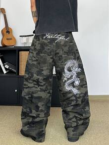 STEELVANCE Streetwear Retro Fashion Versatile Washed Embroidered Design Loose Wide Leg Casual Daily Plus Size Men's Denim Jeans (Belt And Accessories Not Included) - Army Green - View 2