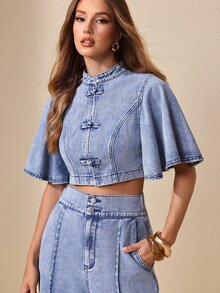 Selenza Women's Frog Button Design Ruffle Short Sleeve Cropped Denim Jacket - Blue - View 1