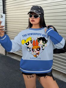 THE POWERPUFF GIRLS X SHEIN 大尺碼女款標語條紋圓領長袖休閒衛衣 秋季 - 白色 - 查看 3