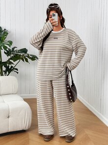 SHEIN EZwear Plus Size Striped Patchwork T-Shirt And Pants For School, Casual Home, Brown Versatile Striped Long Sleeve Long Pants 2 Pieces Set - Brown - View 5