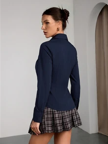 SHEIN Tall Solid Color Long-Sleeved Shirt Top Tall Elegant Casual Commuter Office Business Navy Blue Fall - Navy Blue - View 2