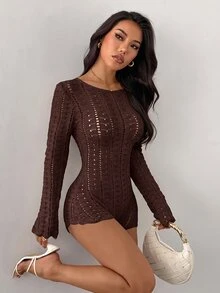 SHEIN PETITE 女款性感純色鏤空露背針織連身褲 秋冬款 - 巧克力棕 - 查看 3