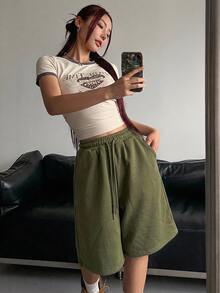 DAZY 女款夏季休閒彈性抽繩腰短褲 - 軍綠色 - 查看 2