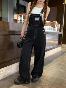 SHEIN 青少年女孩黑色丹寧寬鬆拼接工裝褲 - 黑色 - 查看 2