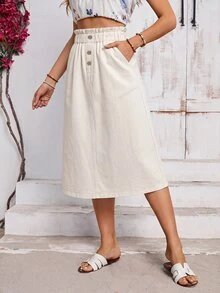 EMERY ROSE Women's Fashion Button Pocket Denim Skirt - Beige - View 11