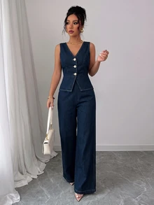 Elenzga Fashion Casual Washed Denim Vest & Pants Set - Dark Wash - View 4