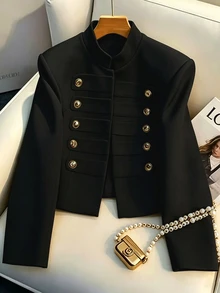 SHEIN Franclia French Style Stand Collar Double-Breasted Gold Button Cropped Blazer Jacket For Women, Premium Commuter Slimming Jacket Top For Petite - Black - View 1