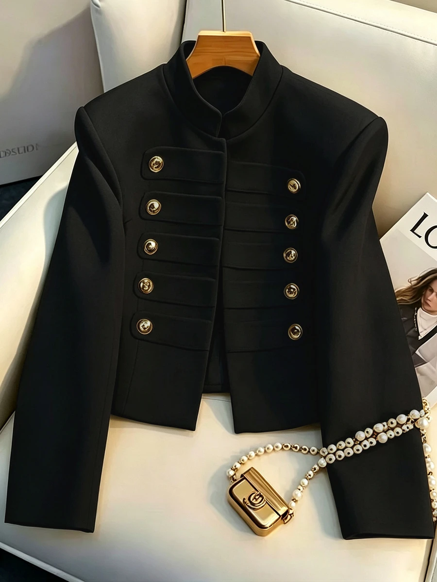 SHEIN Franclia French Style Stand Collar Double-Breasted Gold Button Cropped Blazer Jacket For Women, Premium Commuter Slimming Jacket Top For Petite - Black - View 1