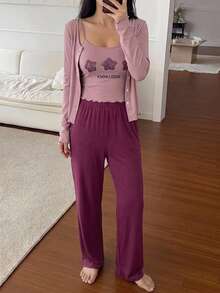 DAZY 3pcs Women's Pajama Set: Star Pattern Camisole Top, Short Cardigan, Long Sleeve Jacket, Straight Long Pants - Purple - View 3