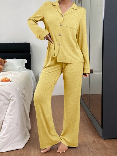 SHEIN Women's Loose Casual Comfortable Knit Lapel Long Sleeve Pants Pajama Set