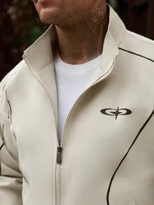 Manfinity Homme 時尚休閒夾克，側邊條紋設計，舒適柔軟，立領設計 - 米色 - 查看 5