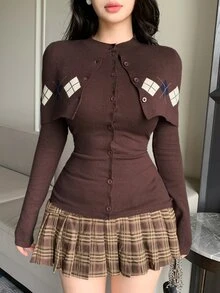 DAZY Women's Solid Color Single-Breasted Long Sleeve Knit Cardigan And Jacquard Cropped Top 2 Pieces Set - Brown - View 5