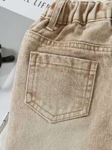 男嬰牛仔長褲 新款休閒牛仔可愛俏皮風 卡其綠復古做舊水洗工藝 側彈力高腰修身運動慢跑褲 - 卡其色 - 查看 4