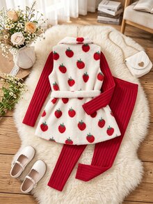 SHEIN Elladie kids 2件組青少年女孩外套套裝，紅白色，夾克褲子兩件式套裝，秋冬，休閒可愛，秋季，生日家庭搭配 - 紅色 - 查看 2