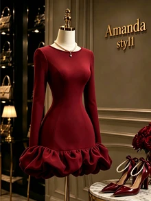 GlowEve Women's Elegant Party Dinner Ruffle Hem Dress Burgundy Winter - Burgundy - View 7
