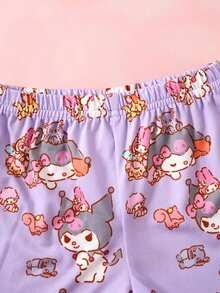 HELLO KITTY AND FRIENDS | SHEIN Set Kaos Lengan Pendek dan Celana Pendek Motif Kartun Huruf untuk Bayi Perempuan - Purple - View 6