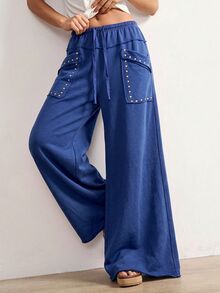 Bohemela Women's Solid Color Wide Leg Casual Vacation Pants - Blue - View 4