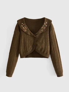 ROMWE Fairycore Autumn/Winter Boho Fairy Floral Embroidered Brown Peter Pan Collar Women's Cardigan - Brown - View 1