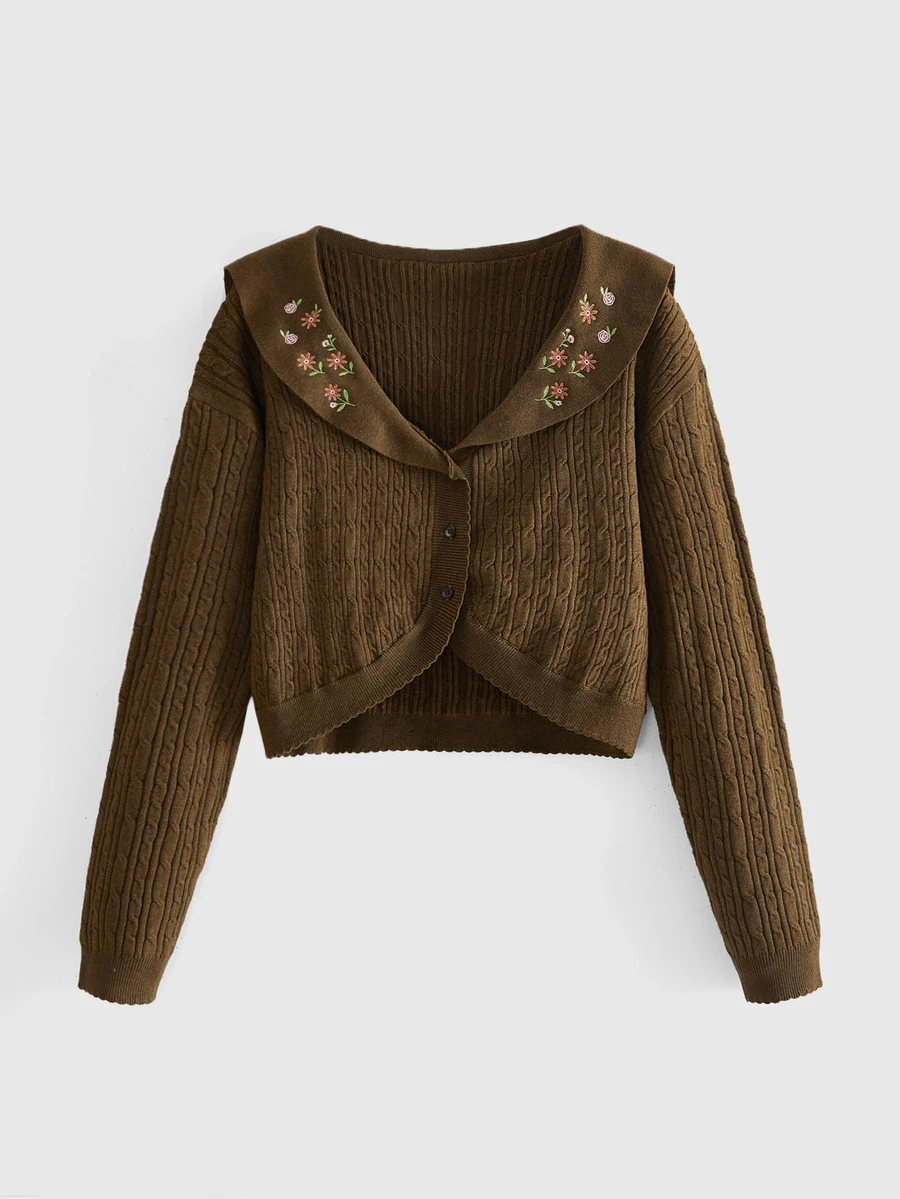 ROMWE Fairycore Autumn/Winter Boho Fairy Floral Embroidered Brown Peter Pan Collar Women's Cardigan - Brown - View 1