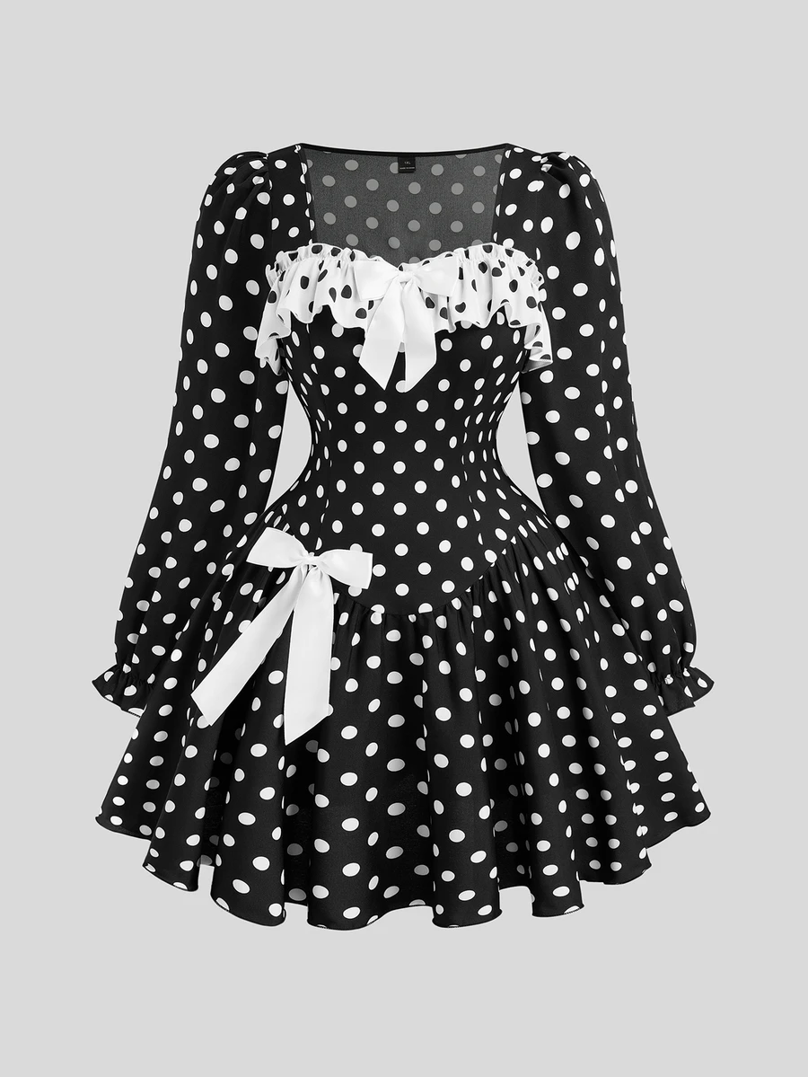 SHEIN Sweetro Plus Size Long Sleeve Black & White Polka Dot Ruffle Hem Cute Dress - Multicolor - View 1