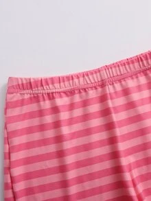 SHEIN Franclia طقم خريف/شتاء كاجوال مخطط قصير الأكمام الطويلة & ملابس علوية داخلي وشورتات - روز أحمر - مشاهدة 4