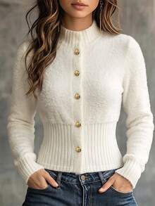 Balvessa Fall Clothes FOR WomenWomen's Solid Color Long Sleeve Metal Single-Breasted Knit Cardigan - White - View 5