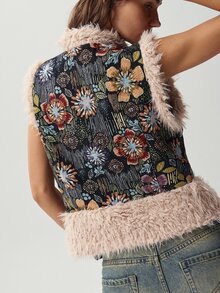 Bohemela Women's Jacquard Patchwork Fuzzy Vest Jacket - Black - View 7