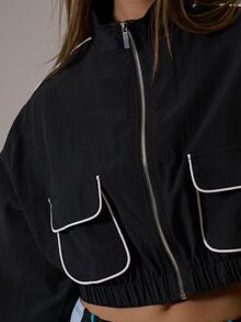Musera Sport Jaket Track Koordinasi Musim Dingin/Musim Gugur Aktif Pilates Gerak dengan Resleting Leher Corong Tinggi, Lengan Bergaris Warna Kontras, Saku Depan, Potongan Pendek, Elastis - Hitam - View 6