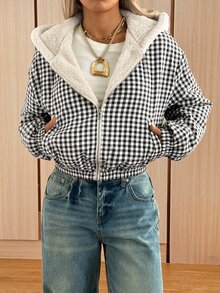SHEIN EZwear 秋冬新款杏色加厚保暖內裡連帽短版夾克女款 - 咖啡棕 - 查看 5