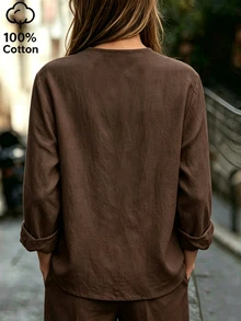 SHEIN Blus Wanita Lengan Panjang Kancing Katak Warna Polos Gaya Cina, Cocok untuk Acara Santai, Minum Teh, dan Pesta, Warna Cokelat Kopi, Musim Gugur, dan Kasual. - Coffee Brown - View 2