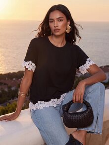 CAJUNI Women's Lace Patchwork Casual Versatile Daily Wear T-Shirt - Black and White - View 6