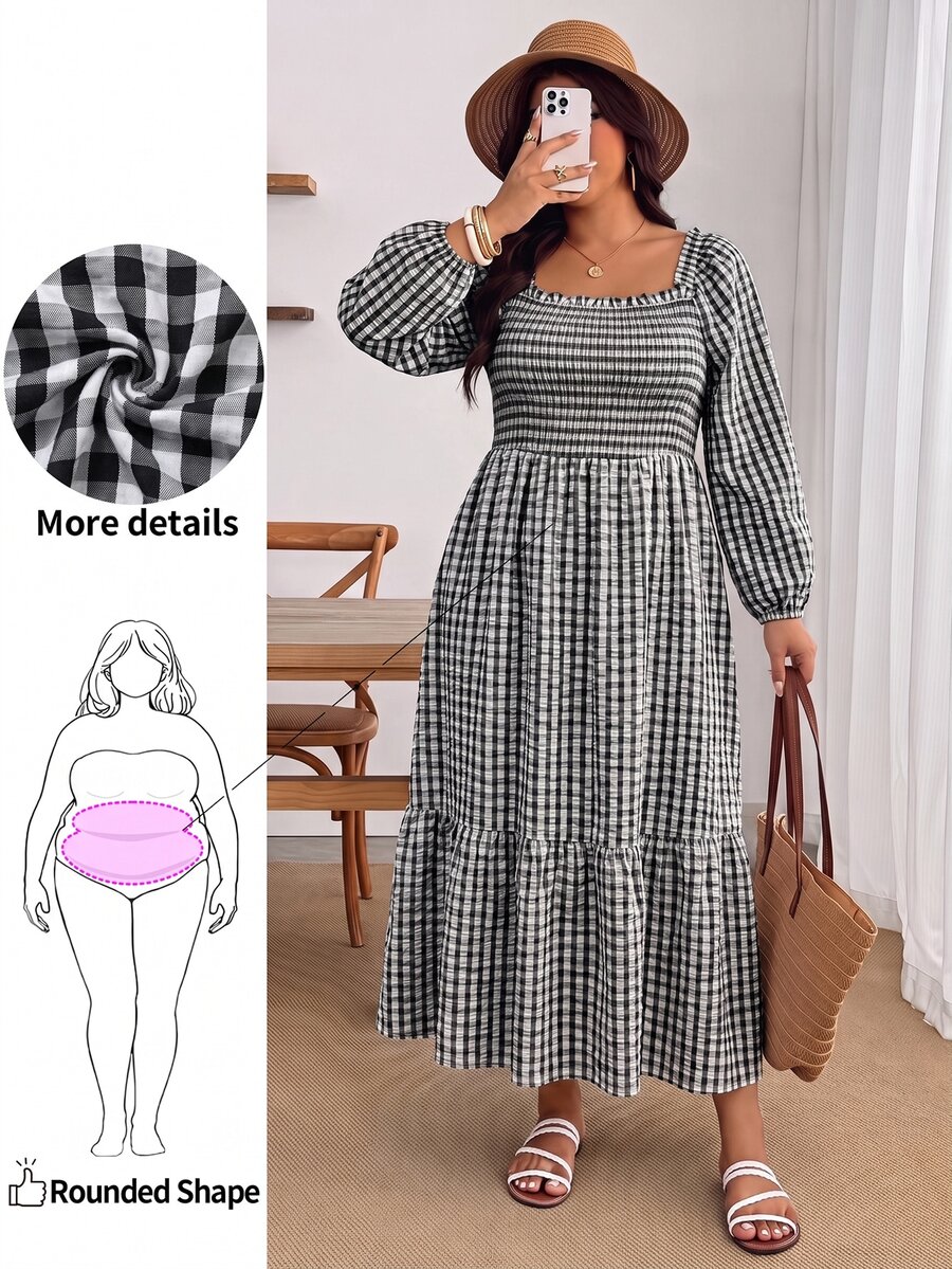 Enliva Plus Size Women's Vacation Loose Plaid Dress - Black and White - View 1