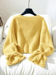 SHEIN 女童少女款寬鬆極簡圓領綁帶袖秋季毛衣，棕色針織羅紋蝴蝶結套頭衫，適合冬季校園返校穿搭 - 黃色 - 查看 2
