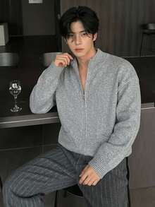DAZY Men's Autumn/Winter Cardigan Sweater With Lapel Collar, Double Zipper Design, Grey Floral Pattern And Patch Pockets - Grey - View 1