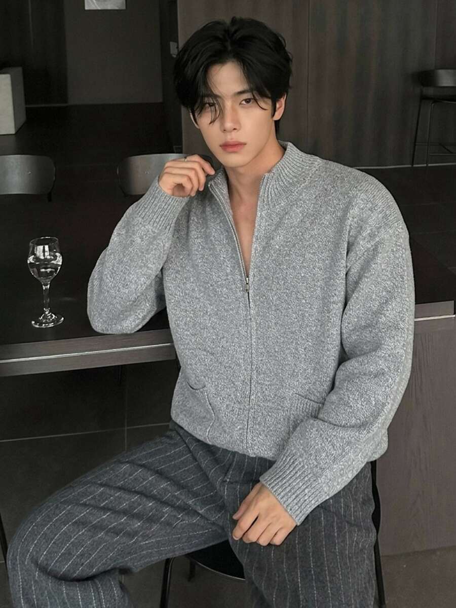 DAZY Men's Autumn/Winter Cardigan Sweater With Lapel Collar, Double Zipper Design, Grey Floral Pattern And Patch Pockets - Grey - View 1