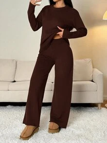 SHEIN PETITE 女款純色圓領長袖毛衣搭配長褲休閒正裝套裝，秋冬款 - 咖啡棕 - 查看 11