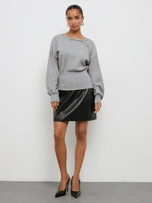 Maija Grey Women's Knitted Top With Asymmetric Front And Metal Button Decor, Urban Casual Holiday - Grey - View 3