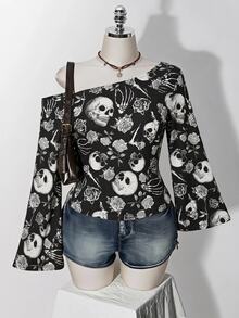 SHEIN ICON 萬聖節骷髏與玫瑰印花大尺碼女款不對稱肩T恤 - 彩色 - 查看 1
