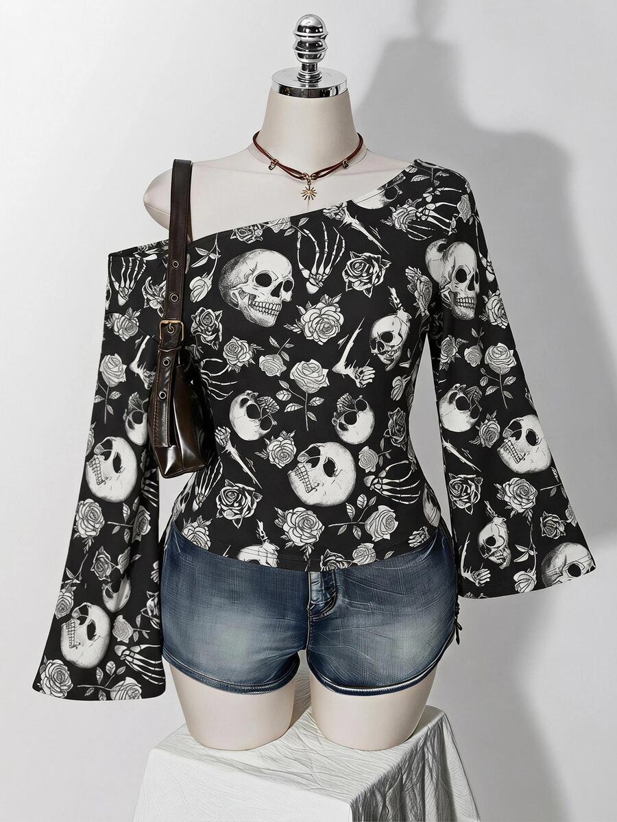 SHEIN ICON 萬聖節骷髏與玫瑰印花大尺碼女款不對稱肩T恤 - 彩色 - 查看 1