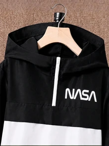 SHEIN 青少年男孩半拉鍊連帽外套與慢跑長褲2件套，休閒運動風，適合秋冬、通勤、上學、日常穿著、度假、旅行、運動，四季皆宜，抓絨加厚 - 黑與白 - 查看 5