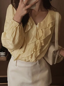 DAZY Women's Solid Color Patchwork Ruffle Long Sleeve Fashion Blouse - Yellow - View 4