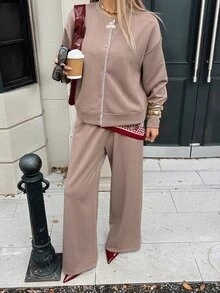DAZY Autumn/Winter Solid Color Round Neck Textured Cardigan Jacket Paired With Loose Straight Leg Wide Leg Long Pants Casual Commute Daily Women Set - Coffee Brown - View 4
