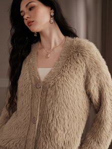 Anewsta Women's Brown Plush Comfortable Knit Cardigan Top For Autumn - Camel - View 3