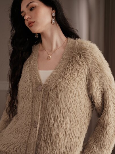 Anewsta Women's Brown Plush Comfortable Knit Cardigan Top For Autumn
