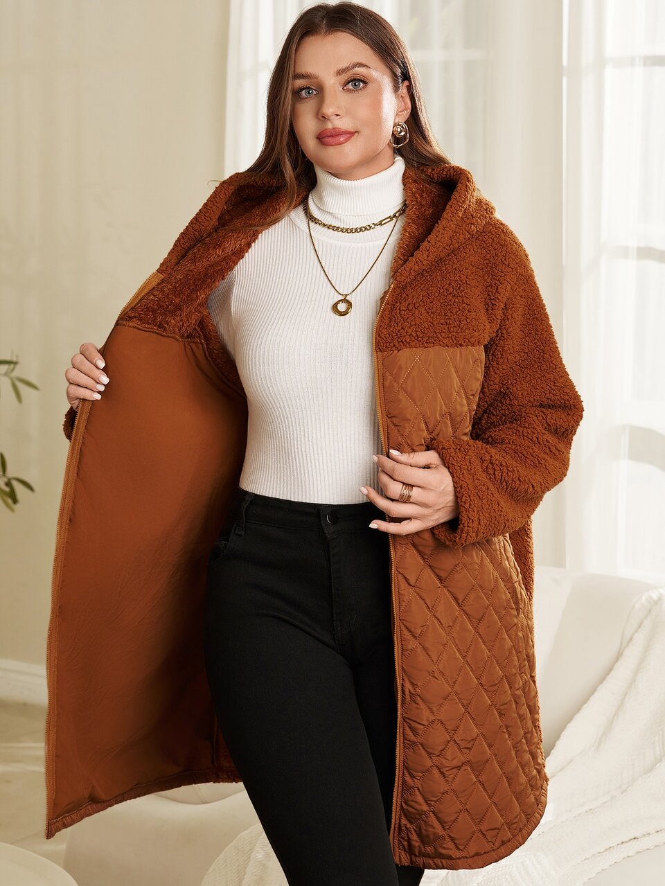 Plus Size Women's Autumn/Winter Casual Solid Brown Fleece Patchwork Hooded Jacket With Pockets,Winter Warm Coat,Overcoat