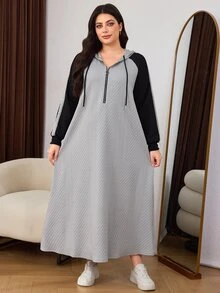Lacomfia Casual Minimalist Jacquard Colorblock Hooded Zip-Up Raglan Sleeve Loose Regular Fit Plus Size Sweatshirt, Spring/Autumn - Grey - View 4