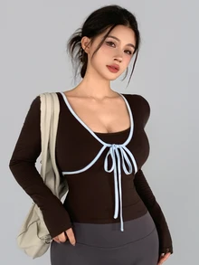 DAZY Kaos Olahraga Lengan Panjang 2 in 1 Wanita dengan Ikatan Depan, Cocok untuk Gym, Latihan, Musim Gugur, Warna Cokelat Tua, Sporty dan Sederhana. - Coklat - View 5