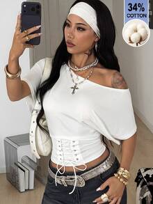 Coolane Women's All-Season Concert Rave Y2K Basic Essentials Asymmetrical Shoulder Waist-Cinched Straps Drawstring White T-Shirt 34%Cotton Comfortable - White - View 4