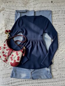 IslaSuriya Women's Autumn Long Sleeve Solid Color Casual Top - Navy Blue - View 2